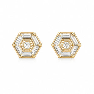 Hexagonal gold and diamond earrings on a white background