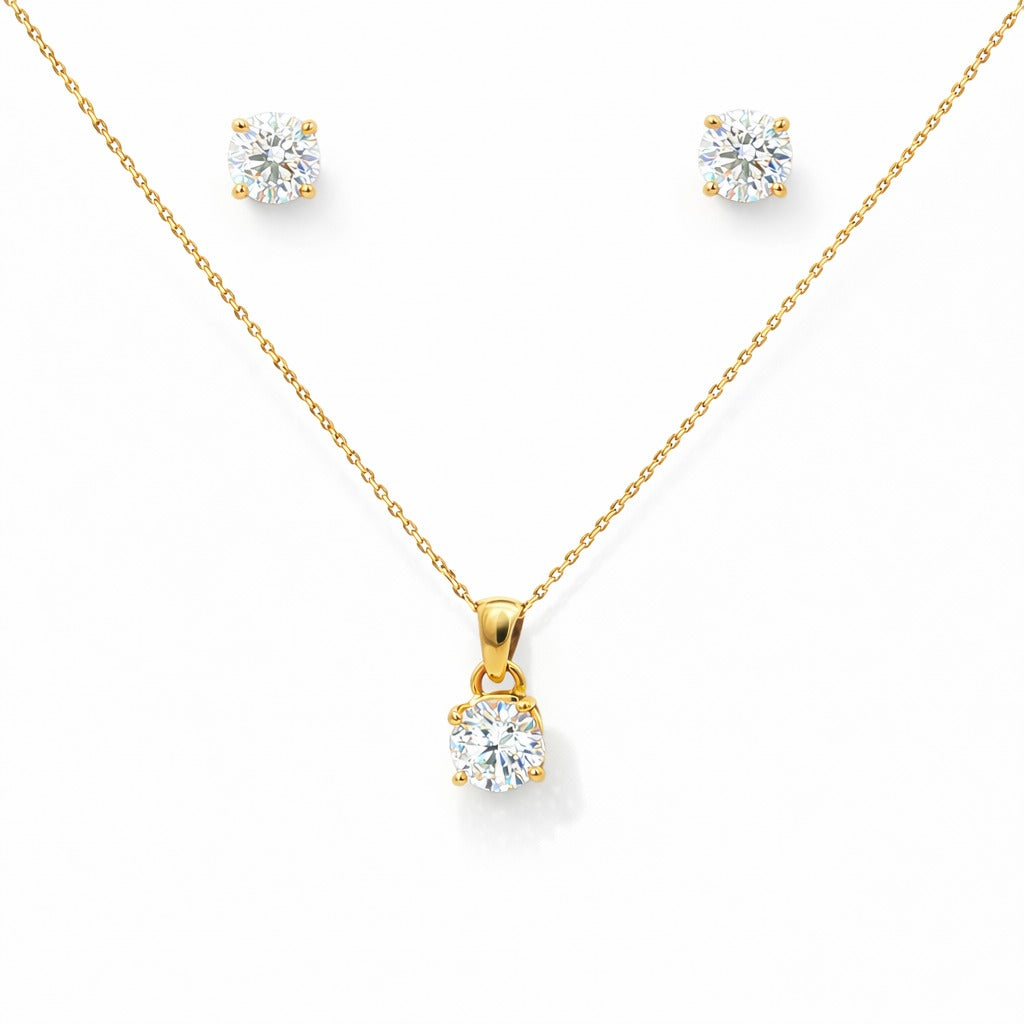 14K Yellow Gold Round Diamond Pendant Necklace & Stud Earrings Set