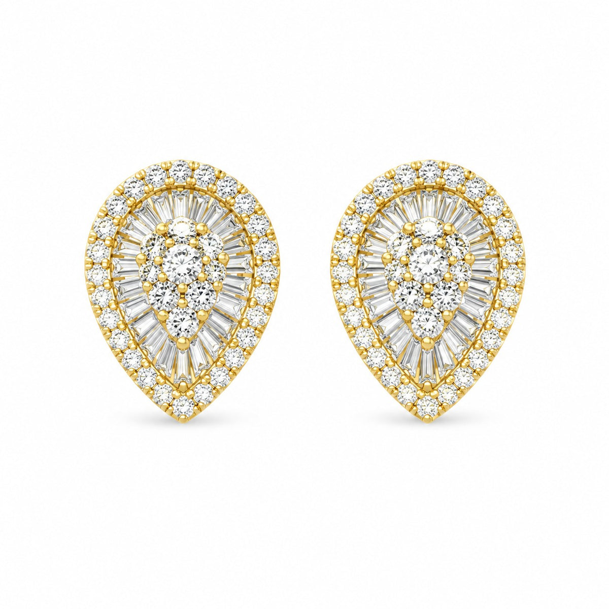 A pair of teardrop-shaped yellow gold stud earrings set with multiple round and baguette-cut clear stones, shown on a plain white background.