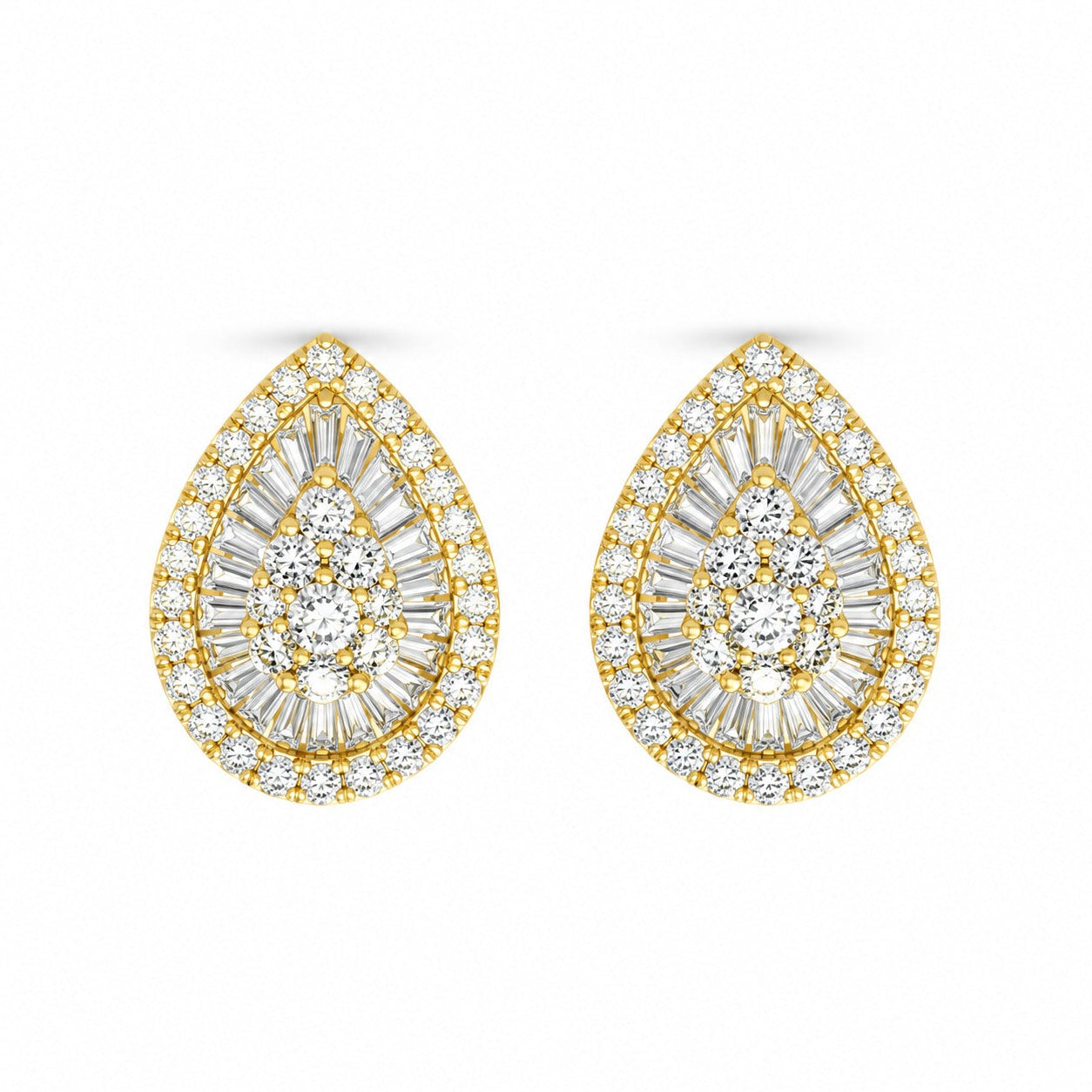A pair of teardrop-shaped yellow gold stud earrings set with multiple round and baguette-cut clear stones, shown on a plain white background.