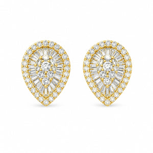A pair of teardrop-shaped yellow gold stud earrings set with multiple round and baguette-cut clear stones, shown on a plain white background.