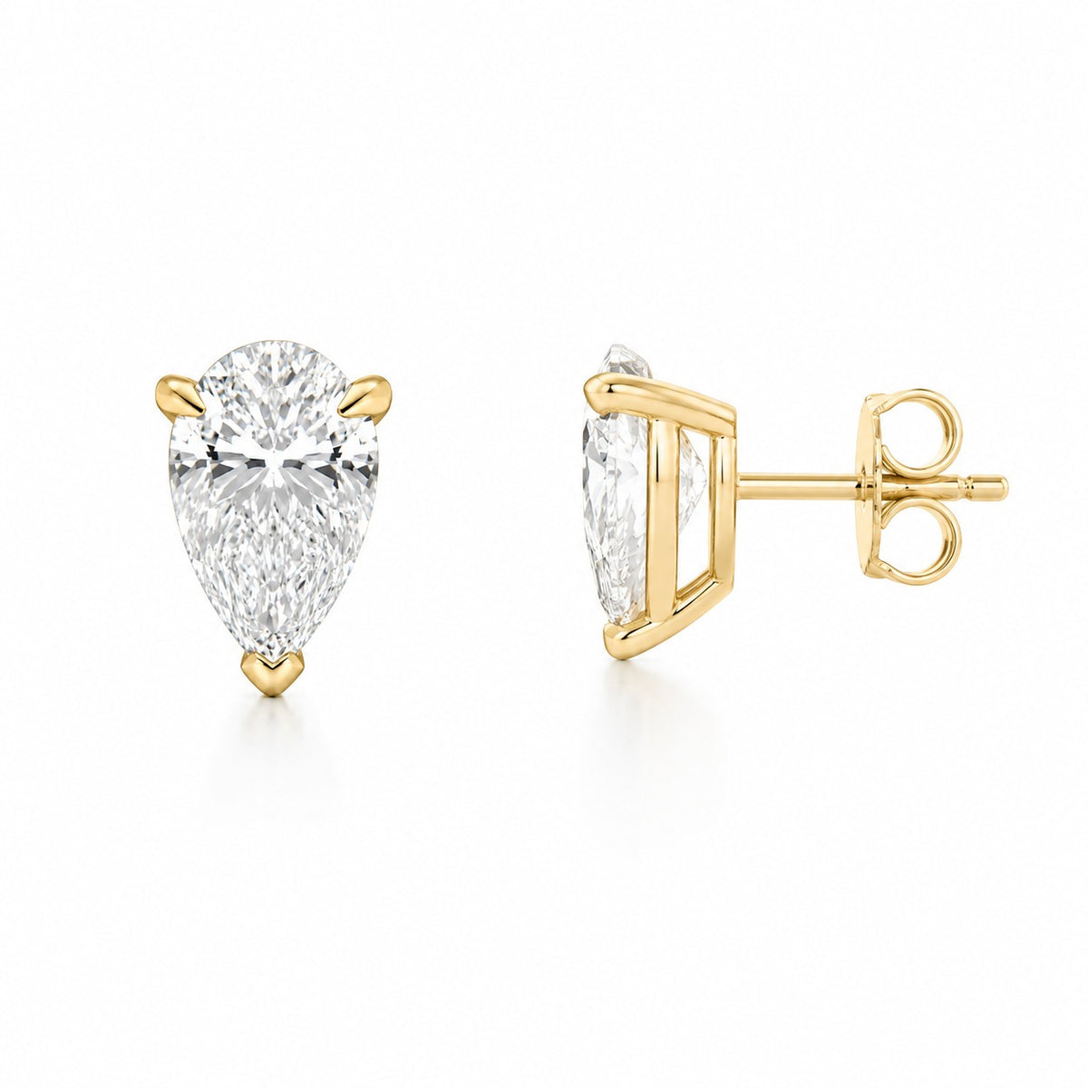 Pear-shaped diamond stud earrings in yellow gold solitaire settings, shown from front and side views on a light gray background.