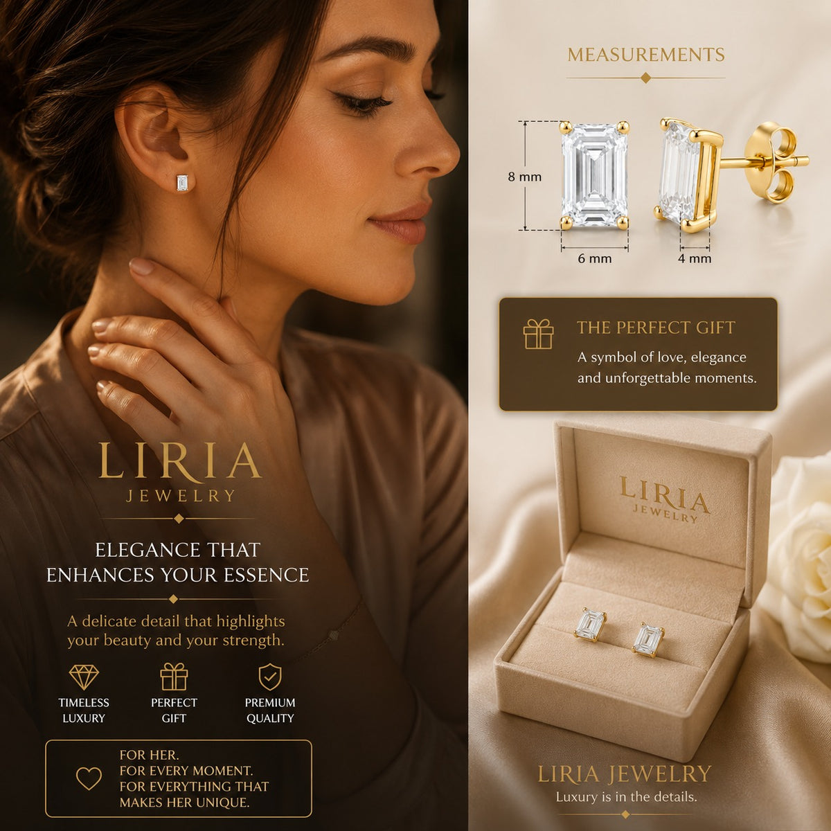 Liria Jewelry earrings with measurements and packaging on a neutral background