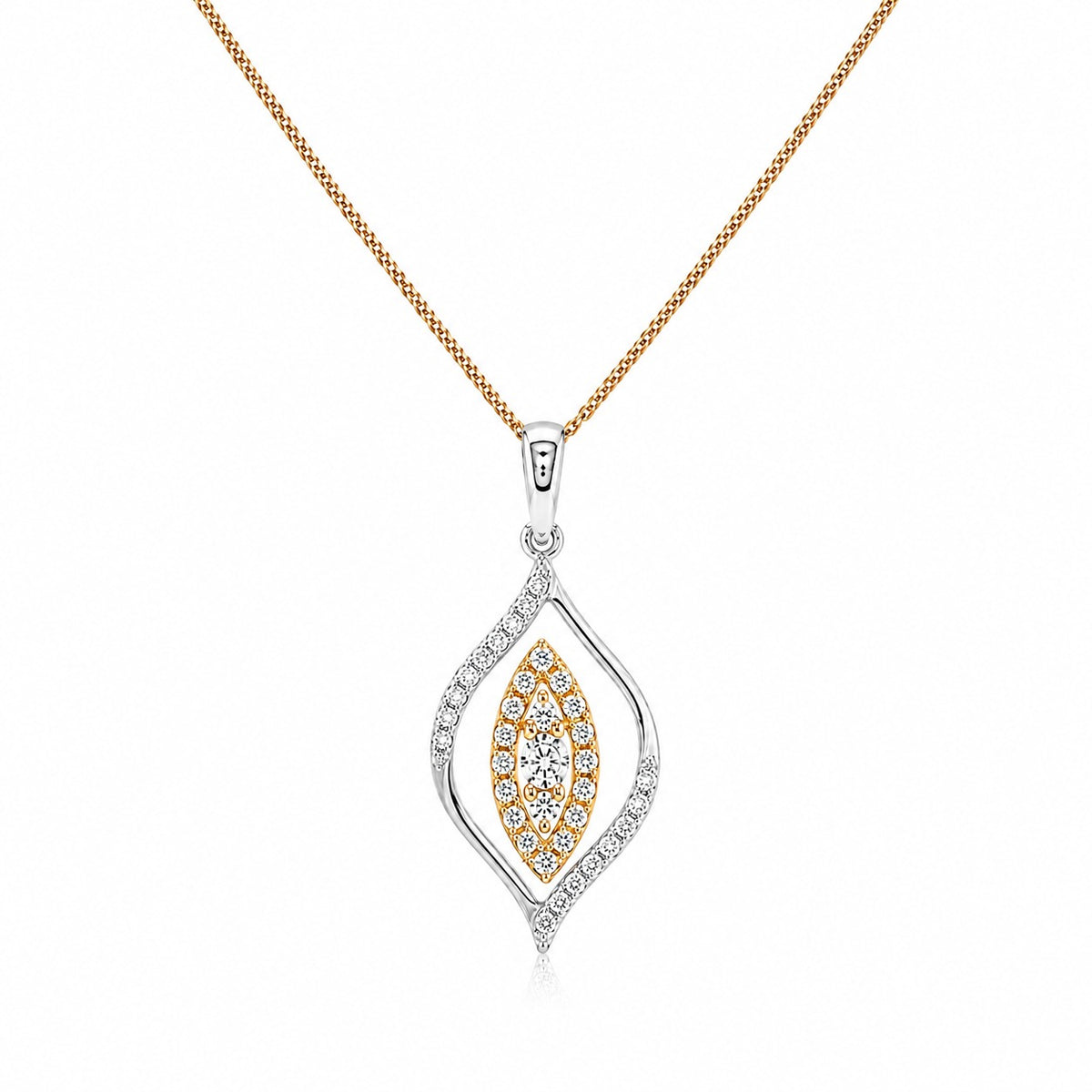 A gold and silver-tone evil eye pendant necklace with clear gemstones, shown on a clean white background.
