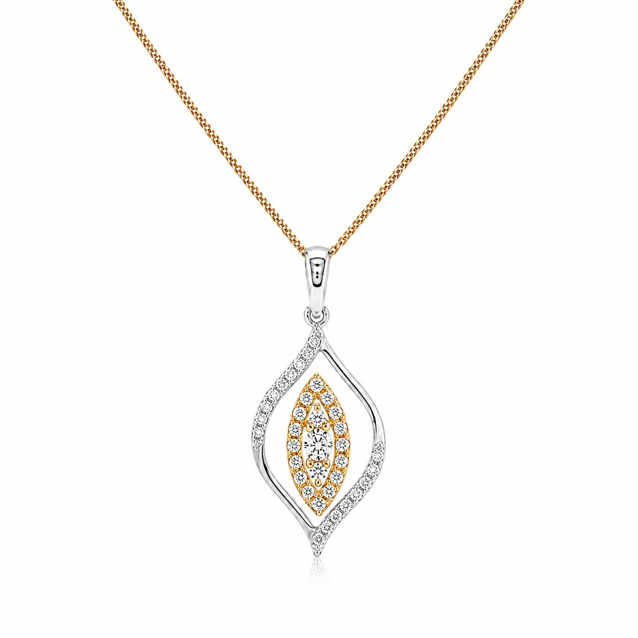 A gold and silver-tone evil eye pendant necklace with clear gemstones, shown on a clean white background.