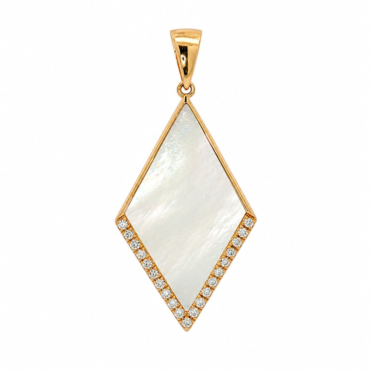 A gold pendant featuring a large, diamond-shaped white mother-of-pearl inlay bordered by small clear pavé stones, set against a plain white background.