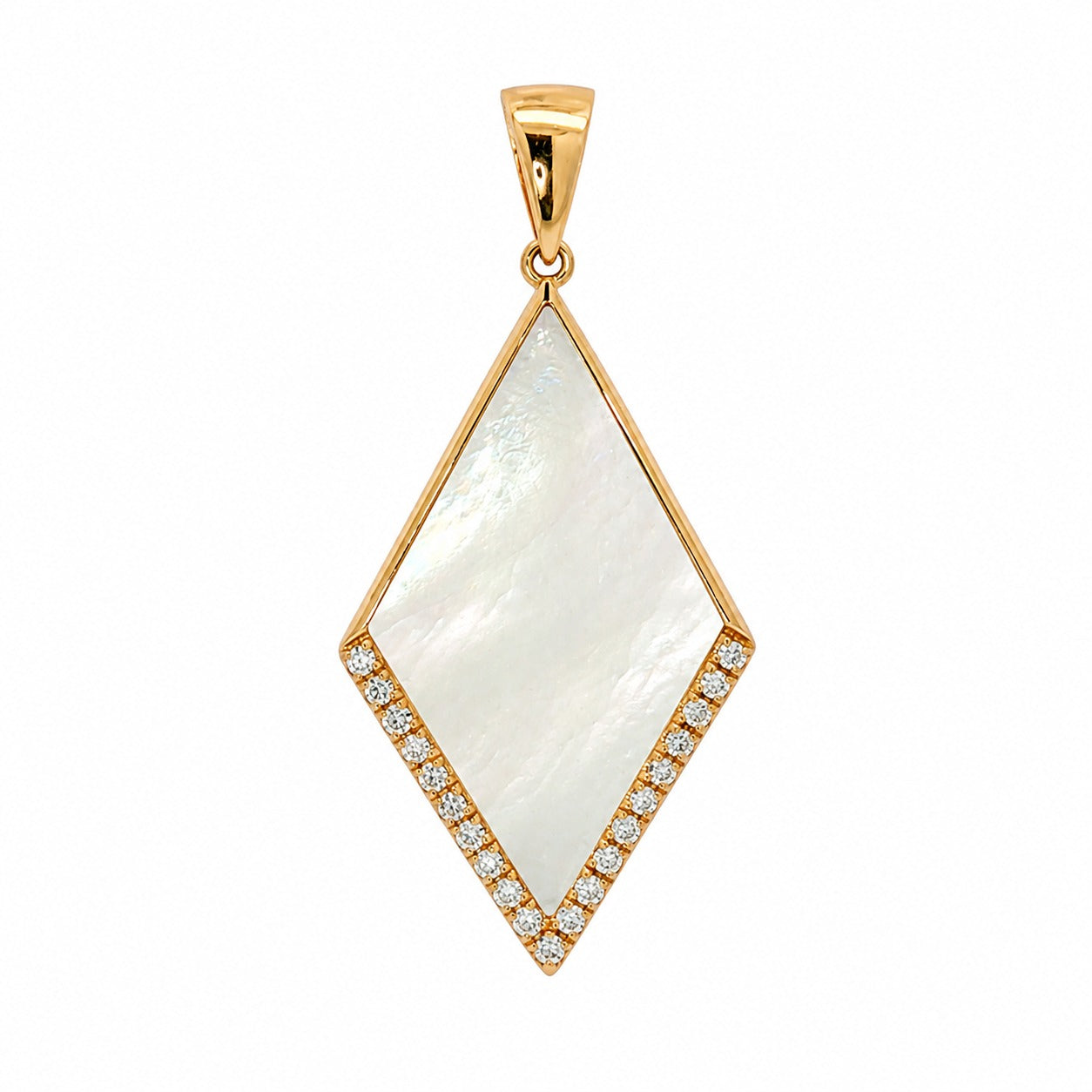 A gold pendant featuring a large, diamond-shaped white mother-of-pearl inlay bordered by small clear pavé stones, set against a plain white background.