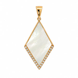 A gold pendant featuring a large, diamond-shaped white mother-of-pearl inlay bordered by small clear pavé stones, set against a plain white background.