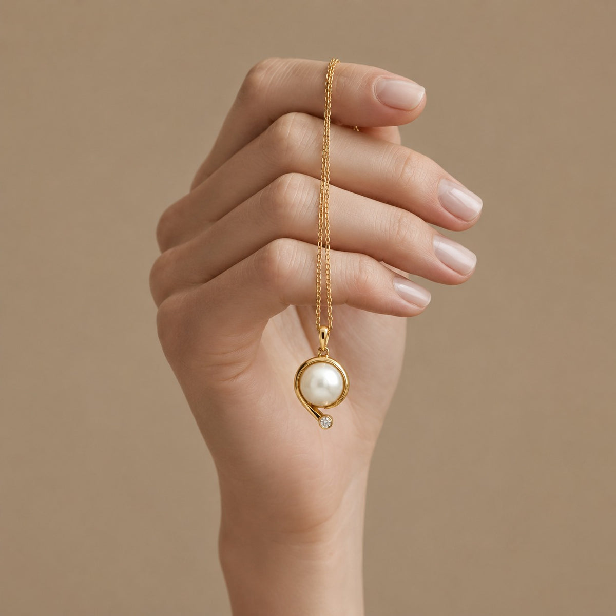 A hand with manicured nails holds a delicate gold chain necklace featuring a circular gold pendant with a white pearl and a tiny clear accent stone, set against a solid beige background.