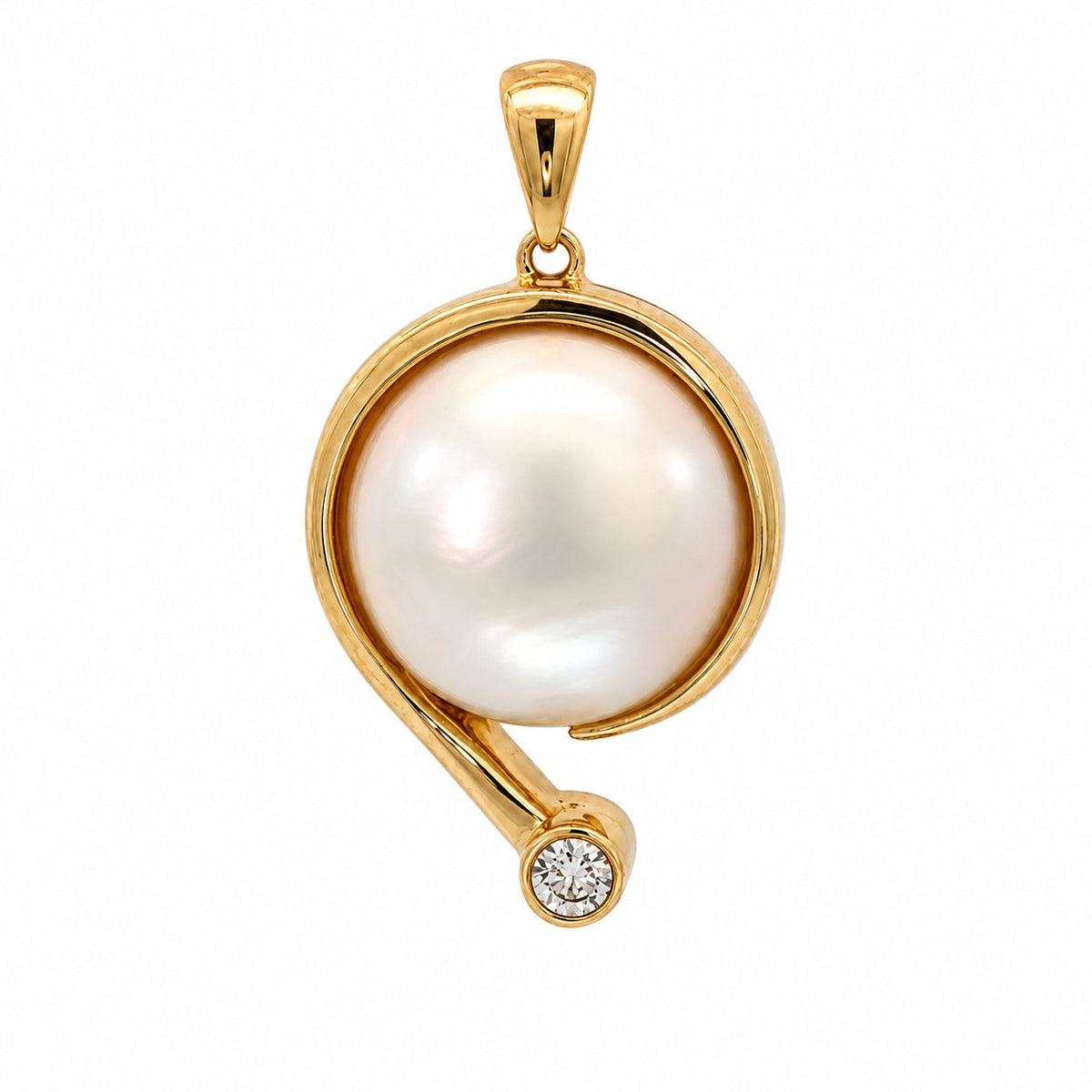 A gold pendant featuring a large, lustrous white pearl in a curved setting with a small round clear gemstone at the bottom, shown on a plain white background.