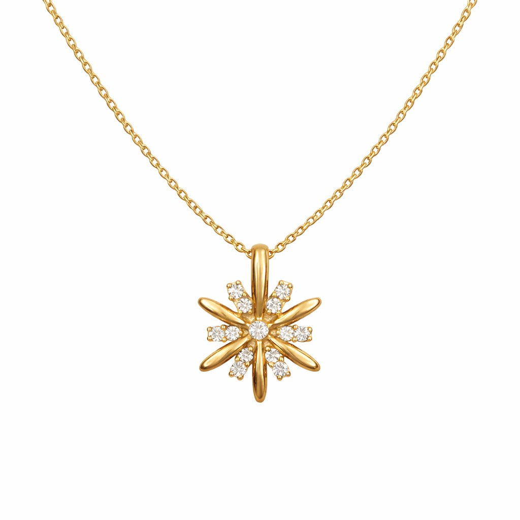Gold star-shaped pendant necklace on a white background