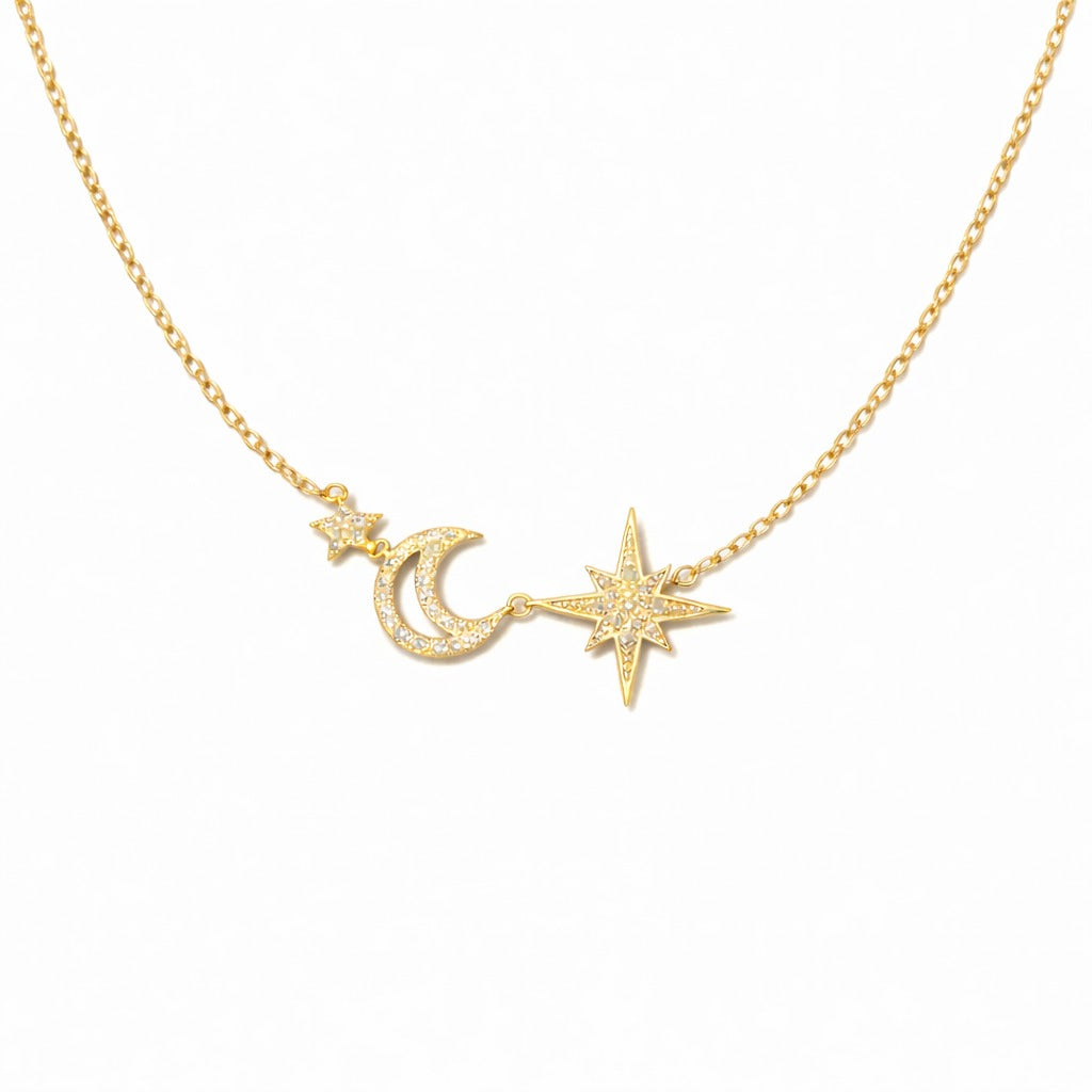 14 Yellow Gold Celestial Crescent Moon & Star Diamond Necklace