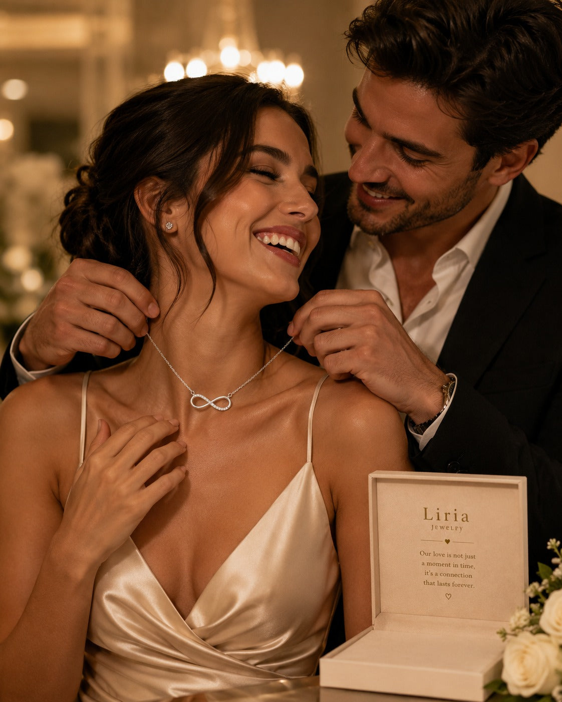 Man adjusting a necklace on a woman in a formal setting with a box labeled 'Lilia' in the background.