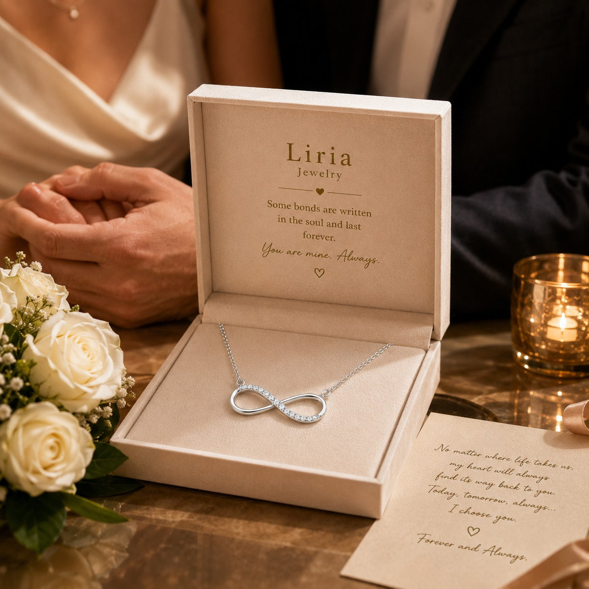 Silver infinity necklace in an open Liria jewelry box with a romantic message on a wooden table.
