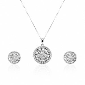 Silver jewelry set with pendant and earrings on a white background