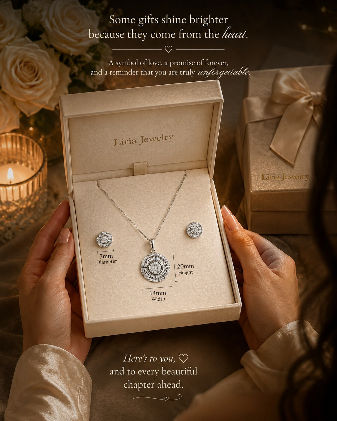 Liria Jewelry necklace and earrings set in a box with romantic text and roses in the background.