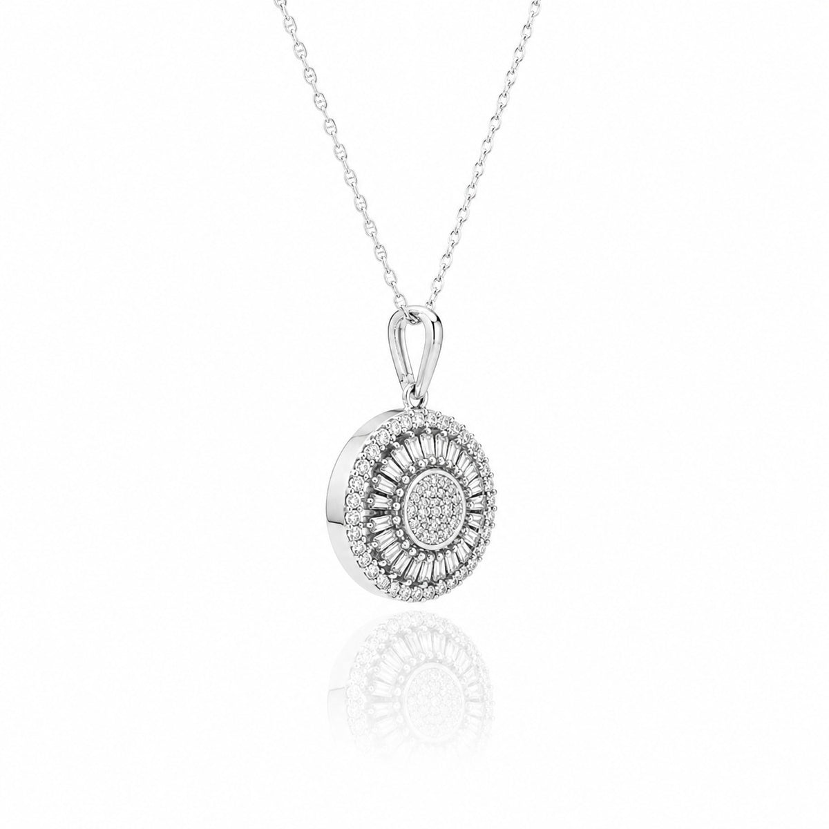 Silver pendant necklace with diamond accents on a white background