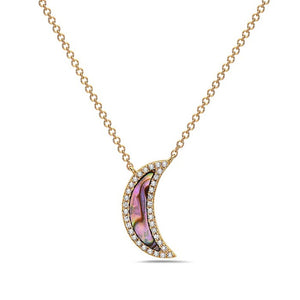 Gold necklace with a half-moon pendant featuring a colorful gemstone on a white background