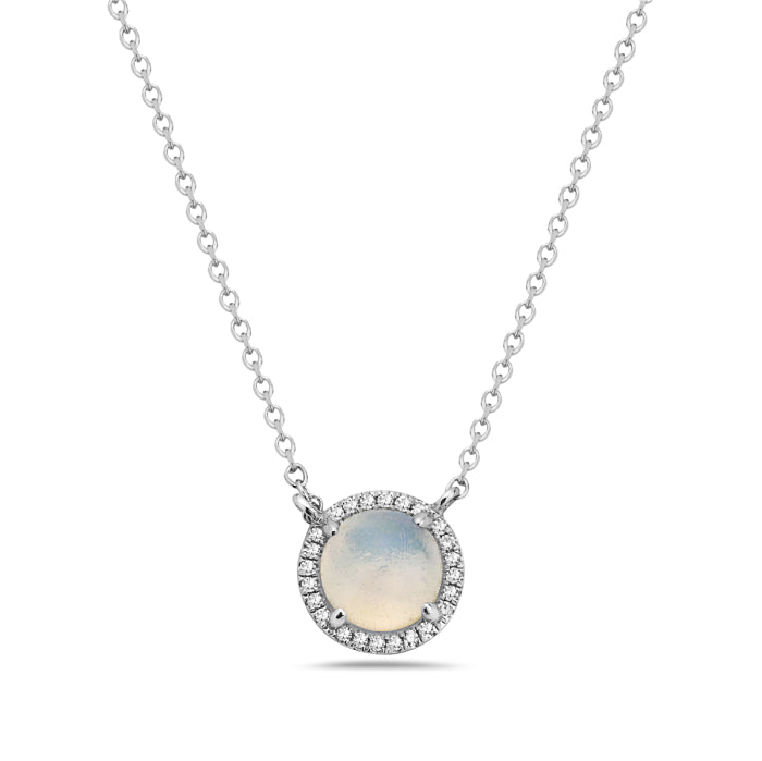 14K White Gold Diamond Halo Opal Pendant Necklace