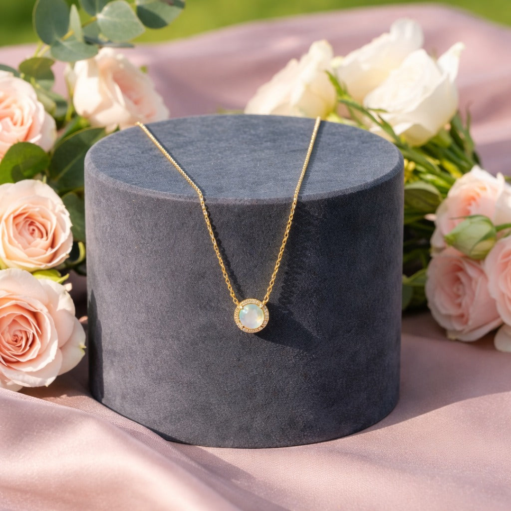 14K Yellow Gold Diamond Halo Opal Pendant Necklace