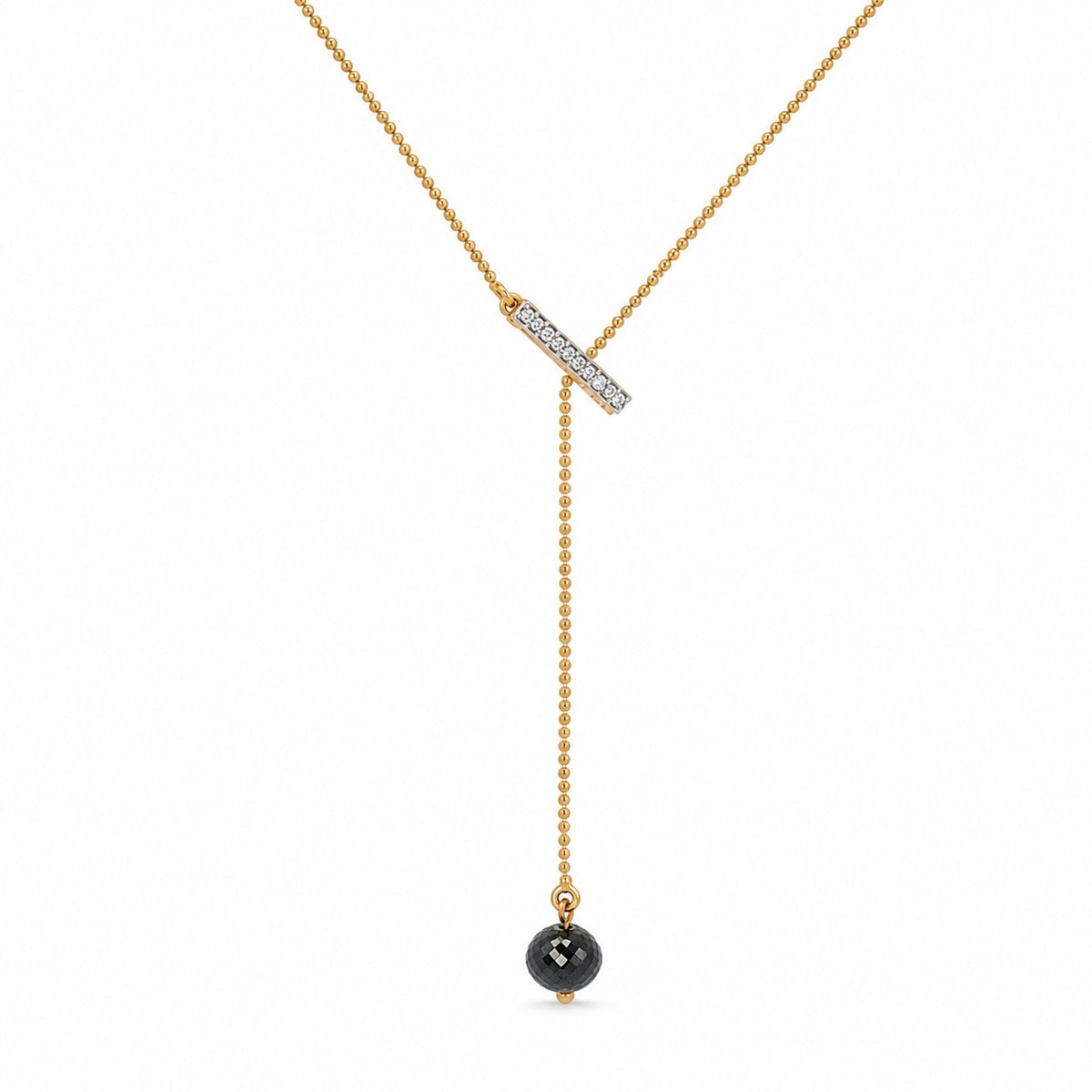 A gold Y-necklace featuring a horizontal bar pavé-set with clear stones and a dangling beaded chain ending in a round black gemstone pendant, shown on a plain white background.