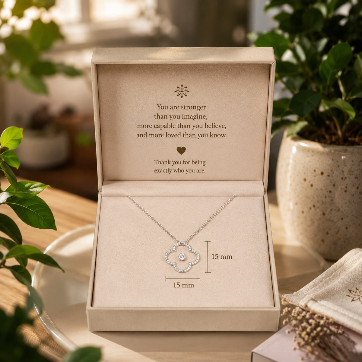 Necklace in a decorative box with an inspirational message, surrounded by plants.