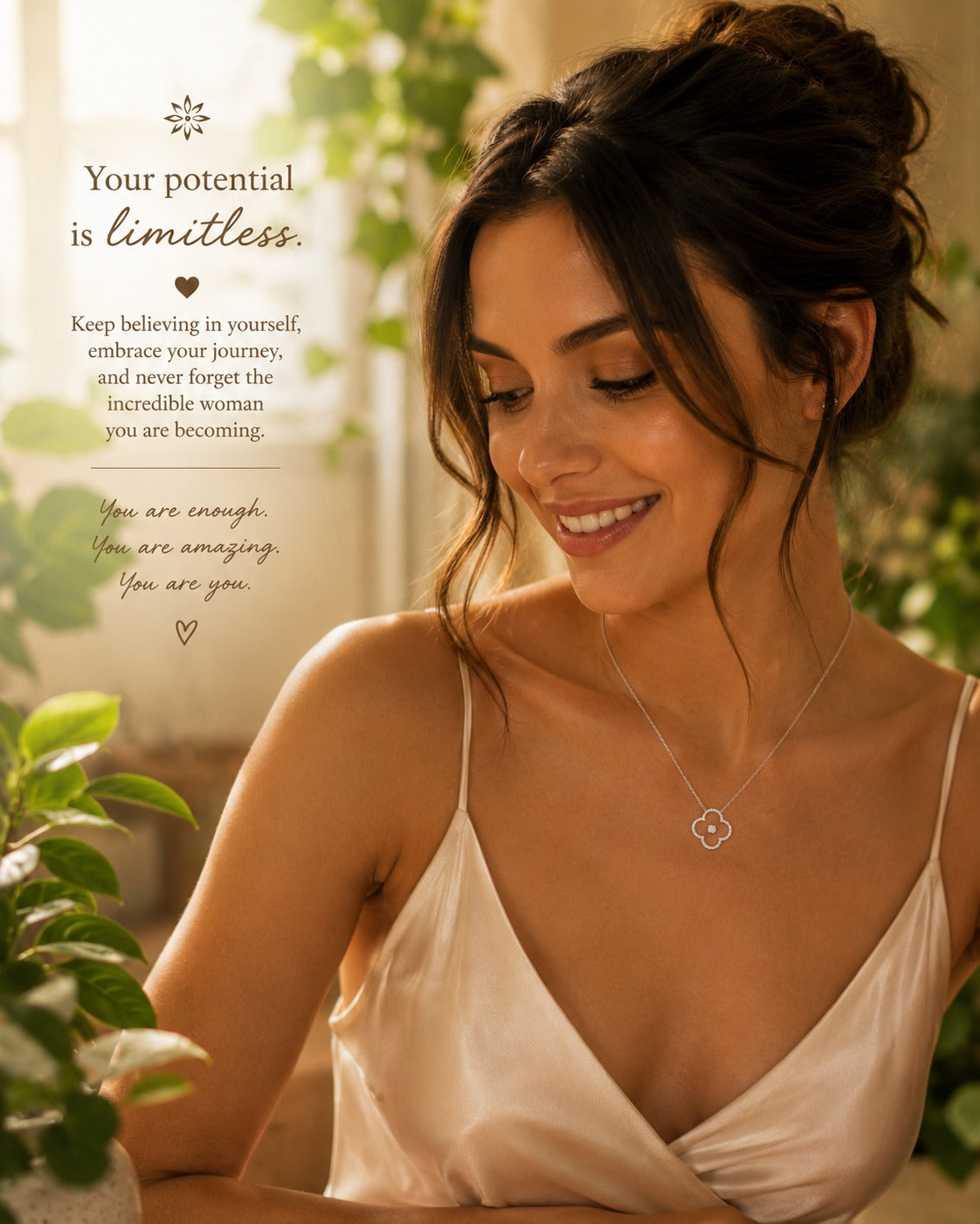 Woman wearing a necklace with a motivational quote on a blurred natural background