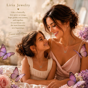 Woman and child wearing butterfly-themed necklaces with Liria Jewelry branding.