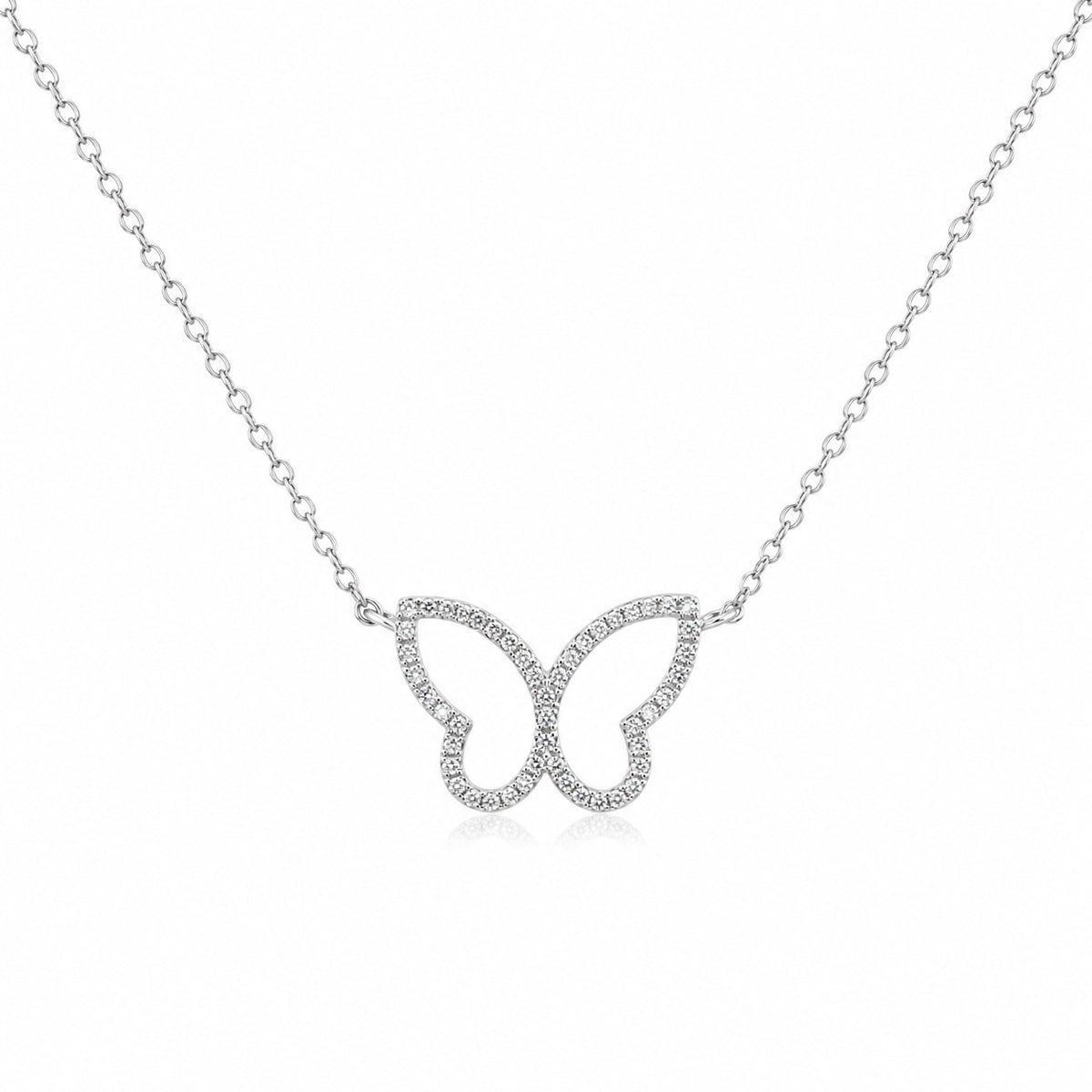 Butterfly-shaped diamond necklace on a white background