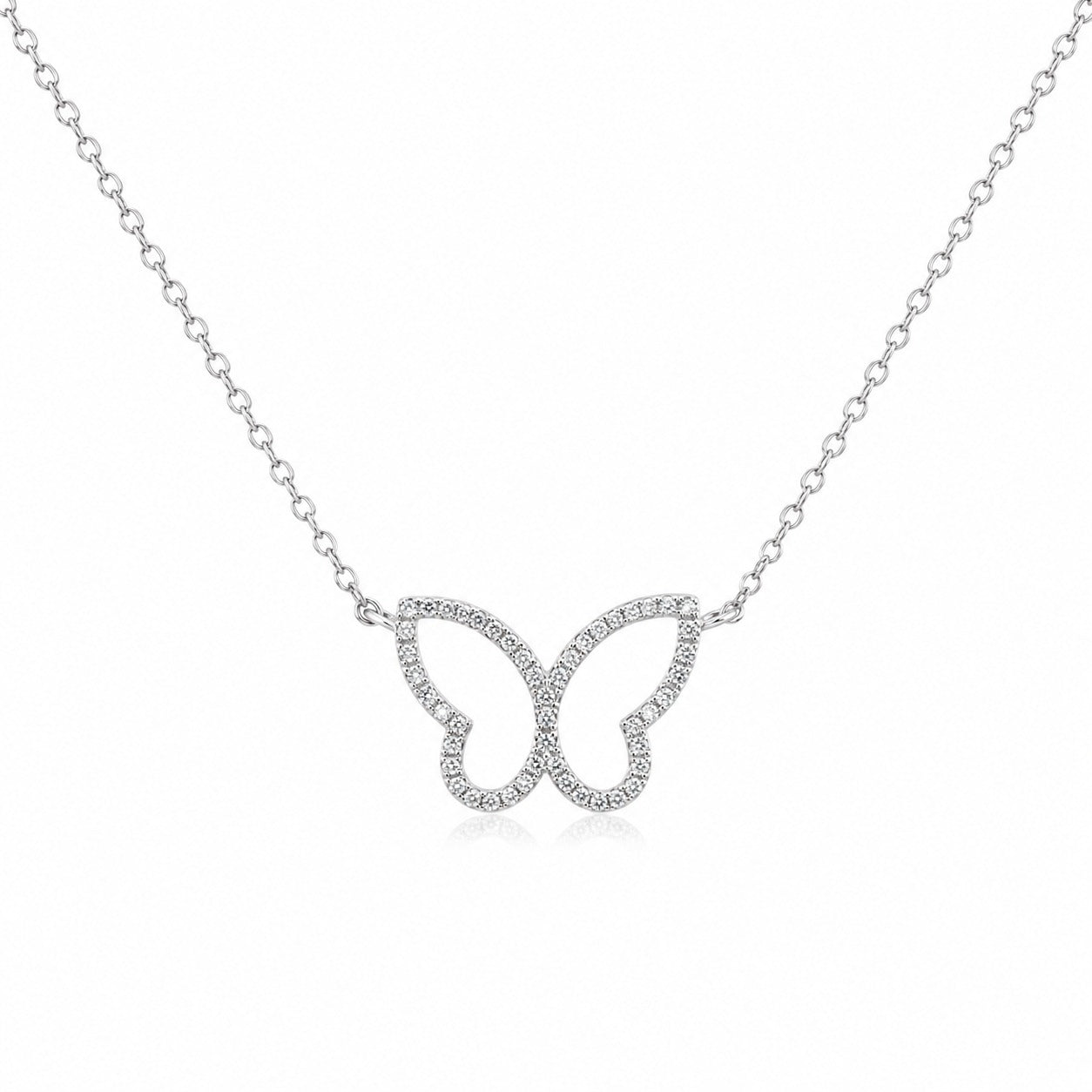Butterfly-shaped diamond necklace on a white background
