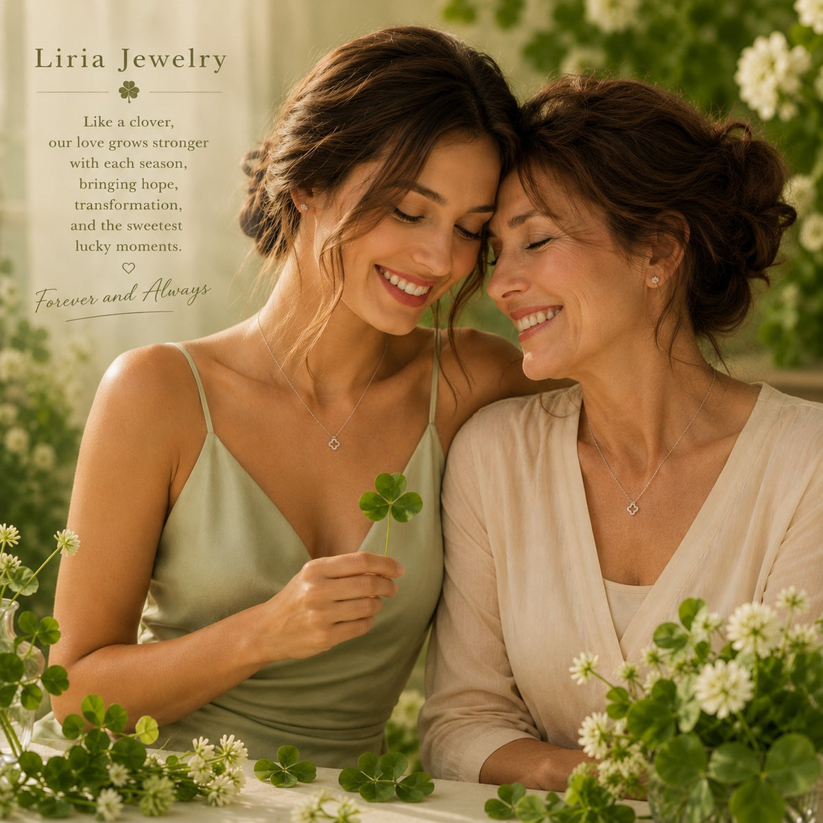 Two women wearing Liria Jewelry with a clover and flowers in the background