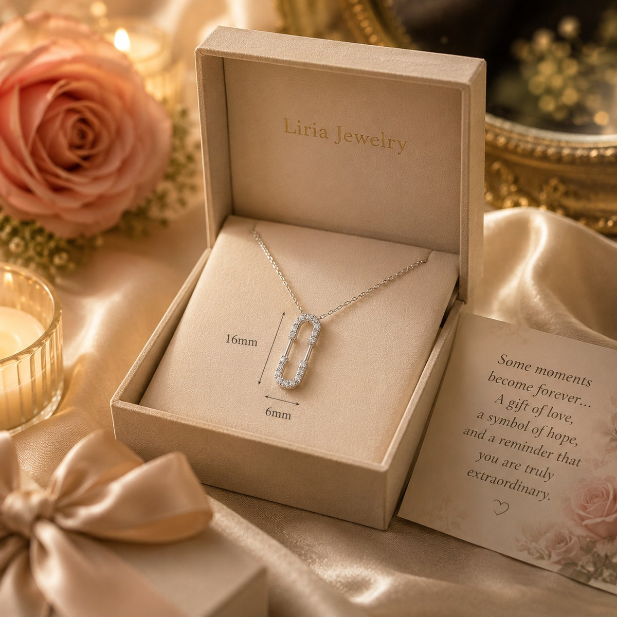 Silver necklace in a Lilia Jewelry box with a card on a decorative background