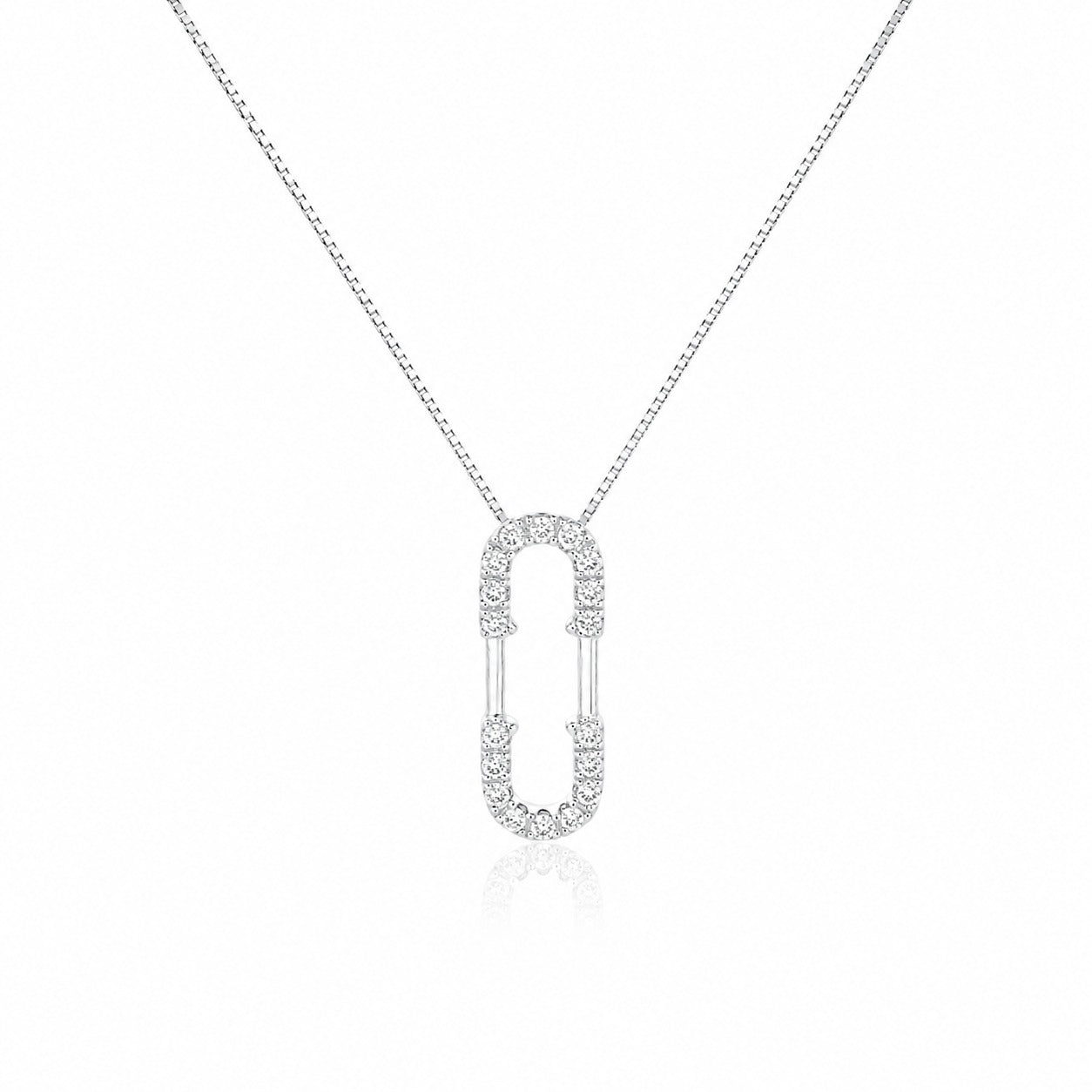 Silver necklace with a rectangular pendant on a white background