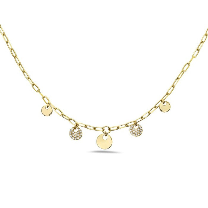 Gold necklace with round pendants on a white background