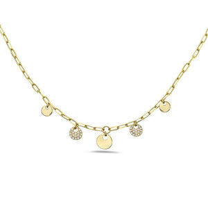 Gold necklace with round pendants on a white background