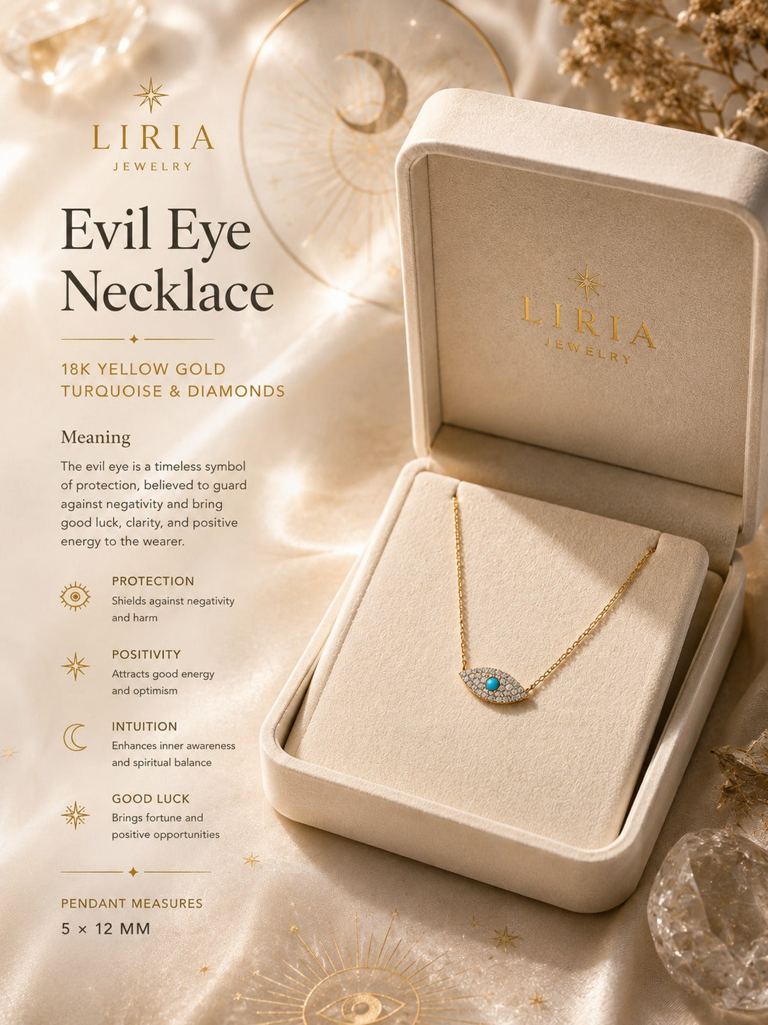 Liria Jewelry 'Evil Eye Necklace' in a cream-colored presentation box, displayed on a warm, decorative background with crystals and gold-toned elements. The necklace features a gold oval pendant with a turquoise and diamond evil eye design.