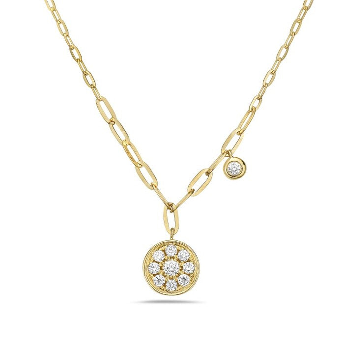 Gold necklace with a diamond pendant on a white background
