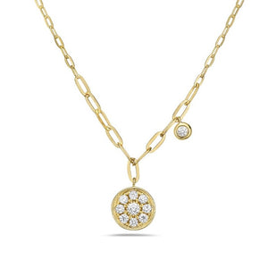 Gold necklace with a diamond pendant on a white background