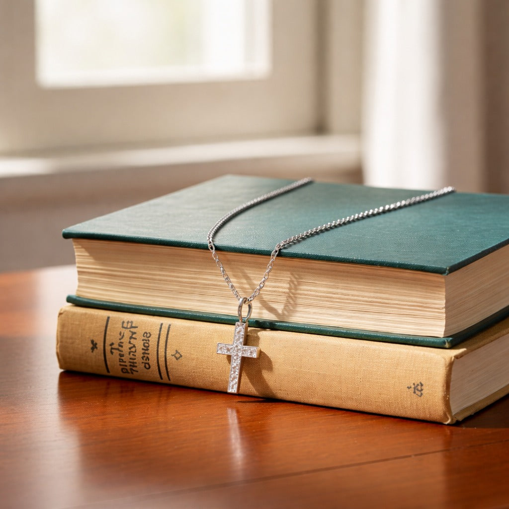 Necklace with a cross pendant on top of two books on a wooden surface.