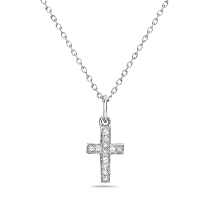Silver cross pendant necklace with small diamonds on a white background