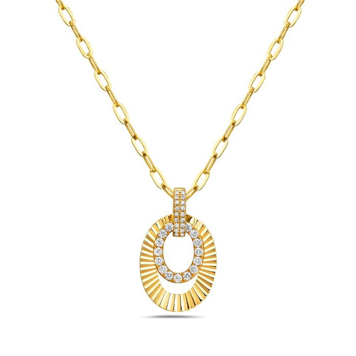 Gold necklace with a circular pendant on a white background