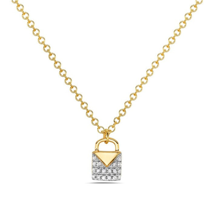 Gold necklace with a lock-shaped pendant on a white background