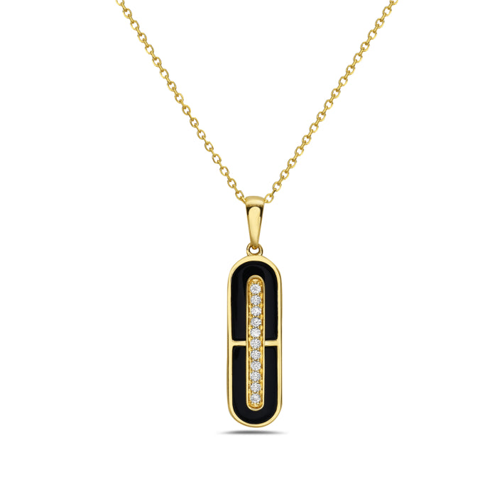 Gold necklace with a pendant featuring black and gold design on a white background