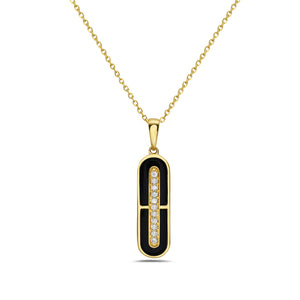 Gold necklace with a pendant featuring black and gold design on a white background