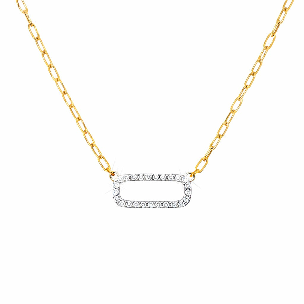 Gold necklace with a rectangular diamond pendant on a white background