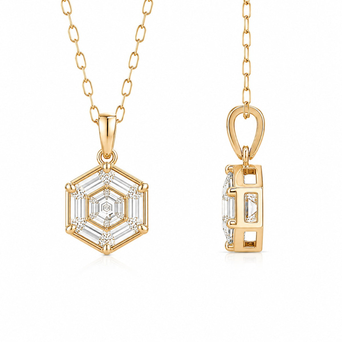 Gold and silver hexagonal pendants on a white background