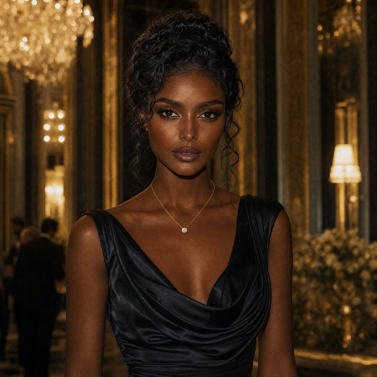 Woman in a black dress standing in an elegant room with chandeliers.