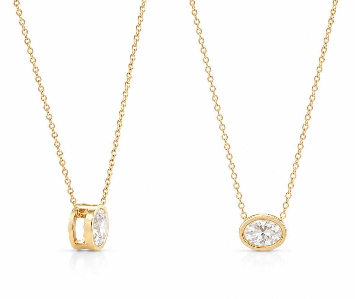 Two gold necklaces with diamond pendants on a white background