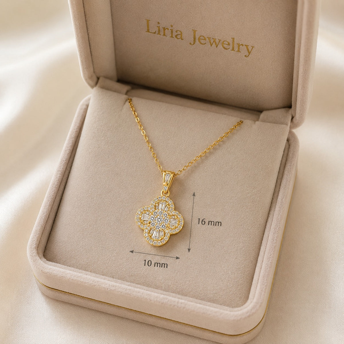 18K yellow gold four-leaf clover pendant necklace featuring brilliant round and baguette-cut diamonds on a delicate gold chain.