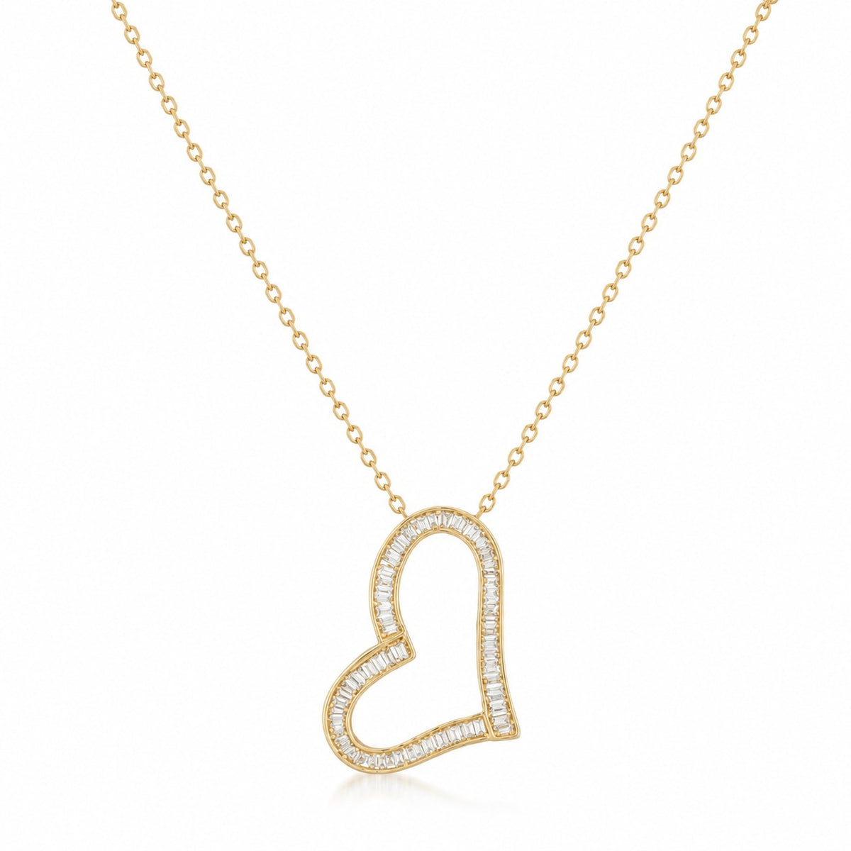 A delicate yellow gold chain necklace featuring an open heart-shaped pendant paved with small clear stones, shown against a plain white background.